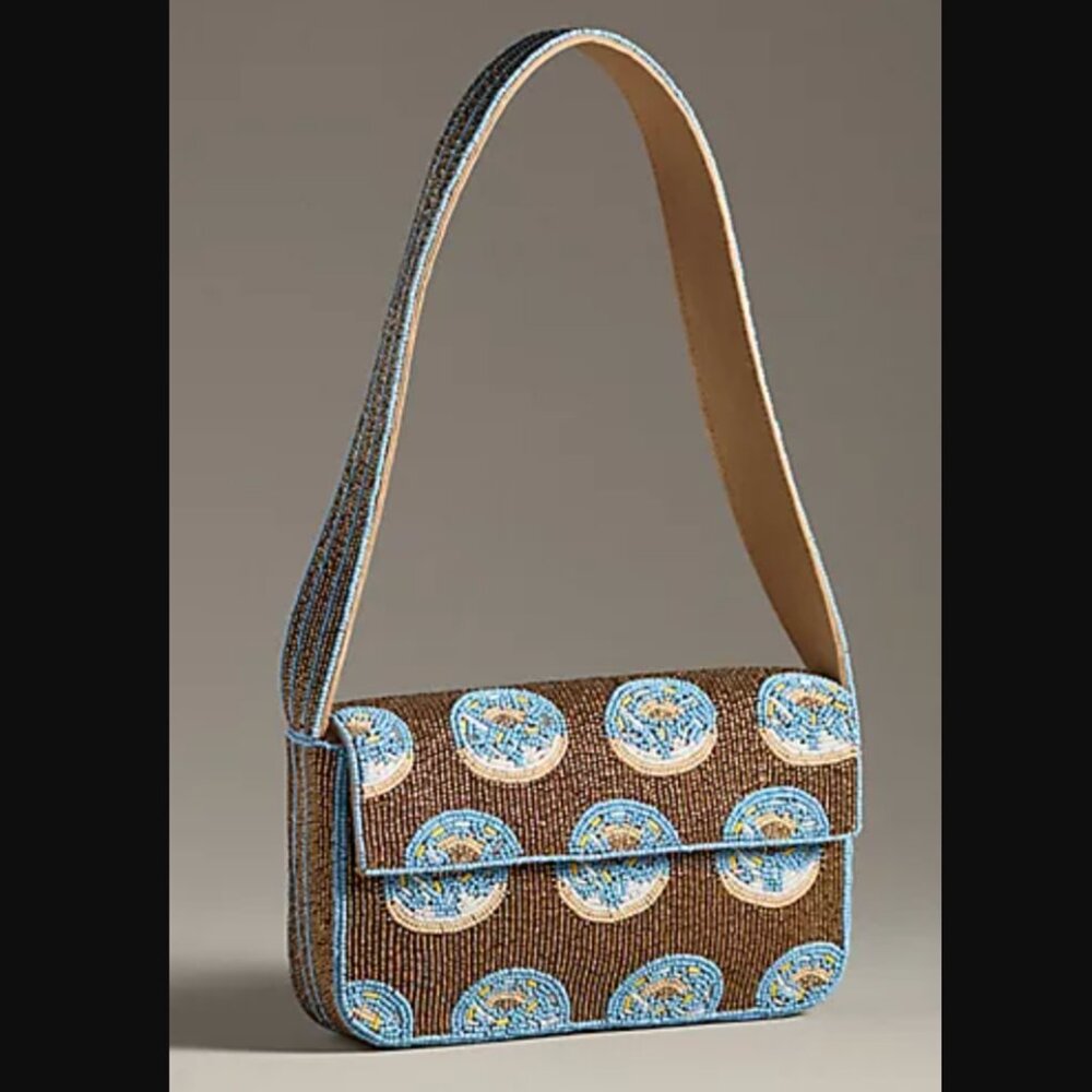 Anthropologie Beaded Shoulder Bag / Donuts in Brown and Blue